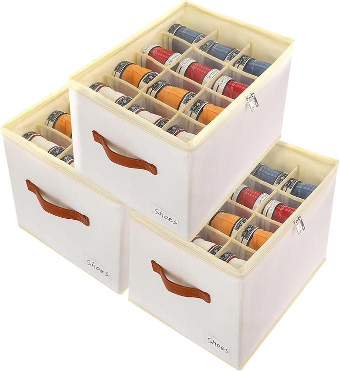 Patinao 3 Pack Shoe Storage Box Organizer for Closet - 36 Cell Space Saver Shoes Containers Bin with Clear Lids Stackable, Can Fit Ottoman, Foldable Shoe Rack Cabinet Cubby for Wardrobe