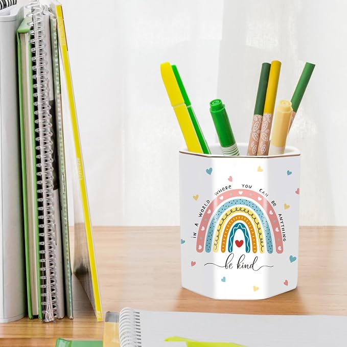 Pen Holder for Desk, Cute Ceramic Pencil Holder, Pen Cup Marker Holder Makeup Brush Holders, Desk Accessories & Workspace Organizers for Office, Home, Rainbow Pattern
