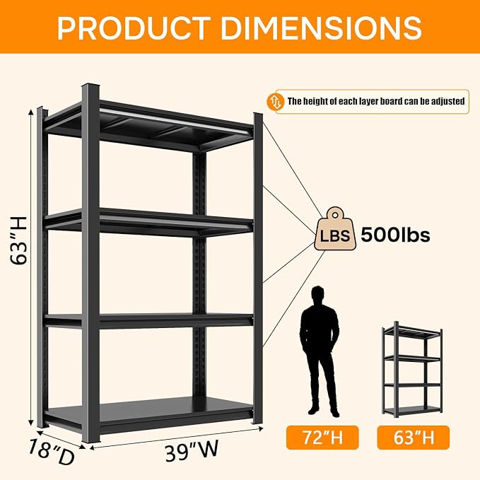 Wide & Deep Bookshelf, 4-Tier Heavy Duty Shelves for Storage, Large Industrial Metal Bookcase for Books and Collectibles, 18" Deep