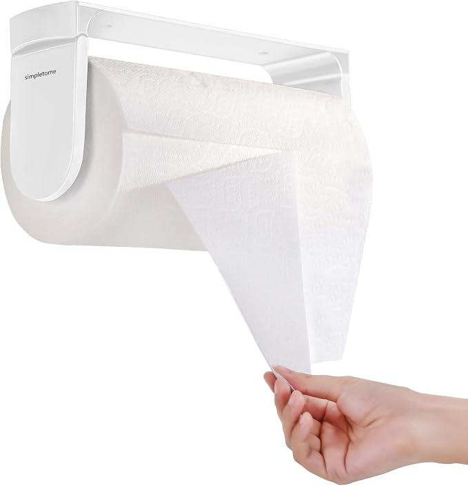 simpletome ONE Hand Simple Tear Paper Towel Holder Under Cabinet (White) | tension arms, tear one/more sheets at one time | aluminum alloy+abs | adhesive or drilling for wall/cabinet | for 28cm roll