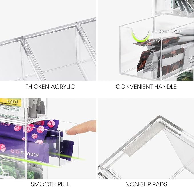 AIEVE Drink Packet Organizer, Drink Mix Holder with 4 Clear Drawers, Acrylic Water Flavor Packets Container, Kitchen Storage Organizers for Pantry Home Organization