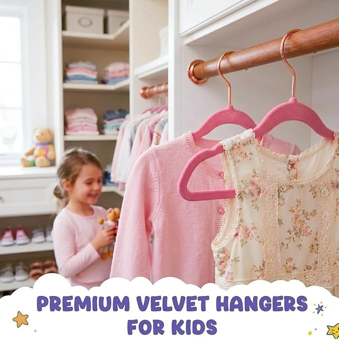 HOUSE DAY Velvet Kids Hangers 60 Pack, Premium Childrens Hangers for Closet, Ultra Thin Cute Clothes Hanger, Non Slip Small Felt Hanger 14 Inch for Kids Clothes, Blush Pink