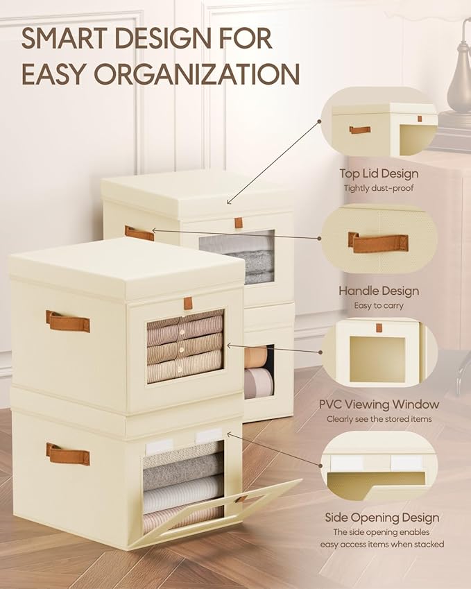 Homsorout Storage Bins with Lid – Closet Organizer with Side Opening and Clear Window, Foldable Stackable Fabric Basket for Clothes, Home, Office - 13.77" x 11.8" x 9.8", 6 Pack, Beige