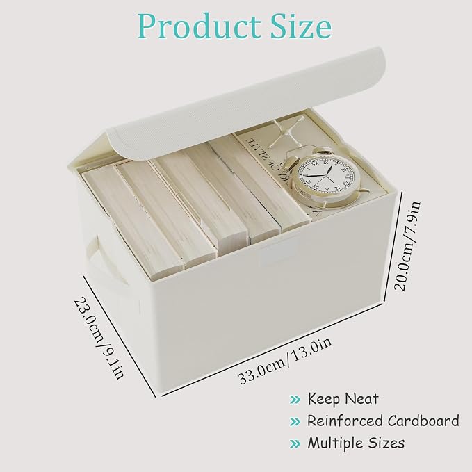 Foldable Storage Bins, Closet Boxes, 4 Pack, Beige, 13x9x7.9 In | Cube Organizer Basket with Flip-Top Lid and 2 Handles, Decorative Boxes for Shelves with Cover for Clothes, Towels, Blanket