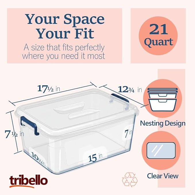 Tribello Clear Storage Bins with Lids, 6-Pack Stackable Plastic Storage Containers for Home Organization – Totes for Closet and Underbed Storage, 21 Quarts