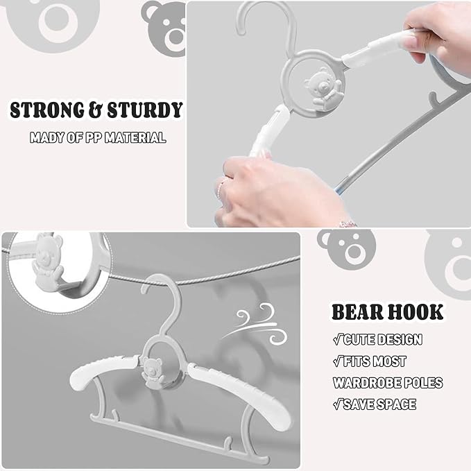 Baby Clothes Hangers 50 Pack, Plastic Kids Hangers Space Saving for Closet | Grey Hanger for Toddler Girl and Boy - Lightweight Anti-Slip Cascading Padded Extendable Adjustable Pant Bear Children Hangar