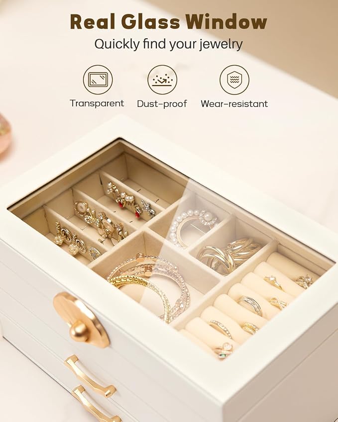 Enthralite Jewelry Box with 2 Drawers: Display Organizer for Earrings Necklaces - Gift for Girls Women (White) | Space-Saving Design for Elegant Vanity Order - Storage for Ring Earring Necklace Bracelet - Suits Women Who Value Style