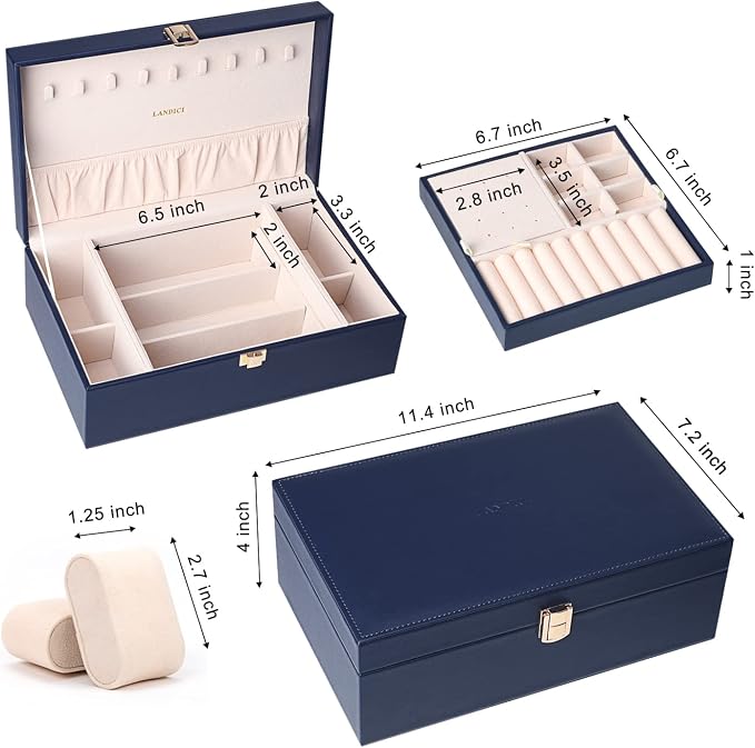 LANDICI Jewelry Box Organizer for Men Women, 2 Layer 4 Slot Watch Storage Case with Removable Tray, PU Leather Large Jewellery Holder Display for Watches Sunglasses Rings Earrings Necklace,Dark Blue