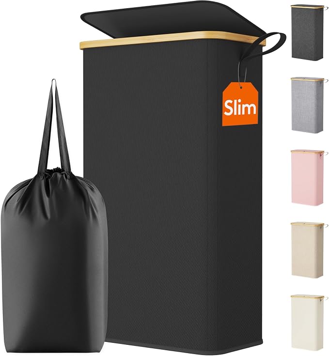 Lifewit 75L Slim Laundry Hamper with Lid, Narrow Laundry Basket with Removable Bag & Bamboo Handles, Fodable Thin Dirty Clothes Hamper for Laundry Collapsible Bin for Bathroom Bedroom Dorm, Black