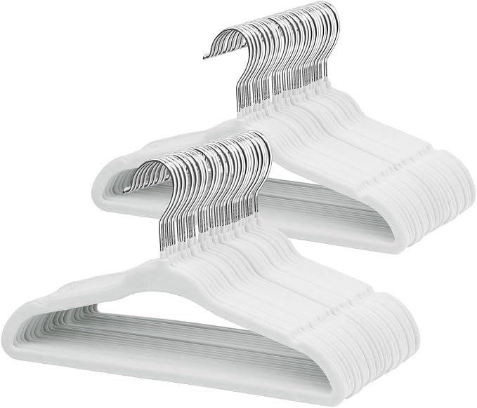 ManGotree 11" Baby Velvet Hangers, Non-Slip Infant Coat Hangers, Ultra-Thin Toddler Felt Hanger with 360° Swivel Hook, Space Saving Children's Hanger for Kids Clothes, 48 Pack (White)