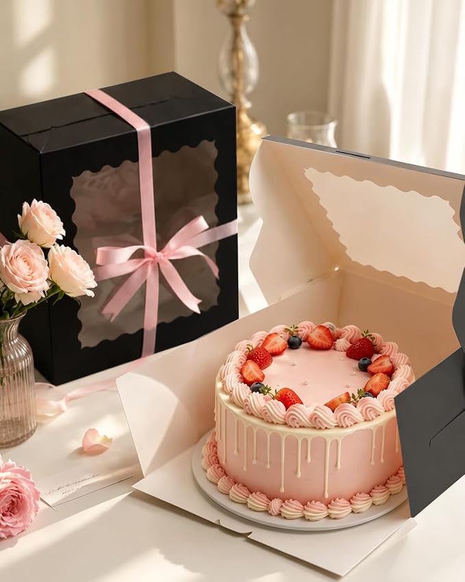 qiqee 10"x10"x5" Cake Box, 36 Sets Black Cake Box with Window ＆ 36 Sets 10" Black Cake Round Boards, for Cake, Treat Cookie Dessert, Pastry, Birthday Party, Weddings