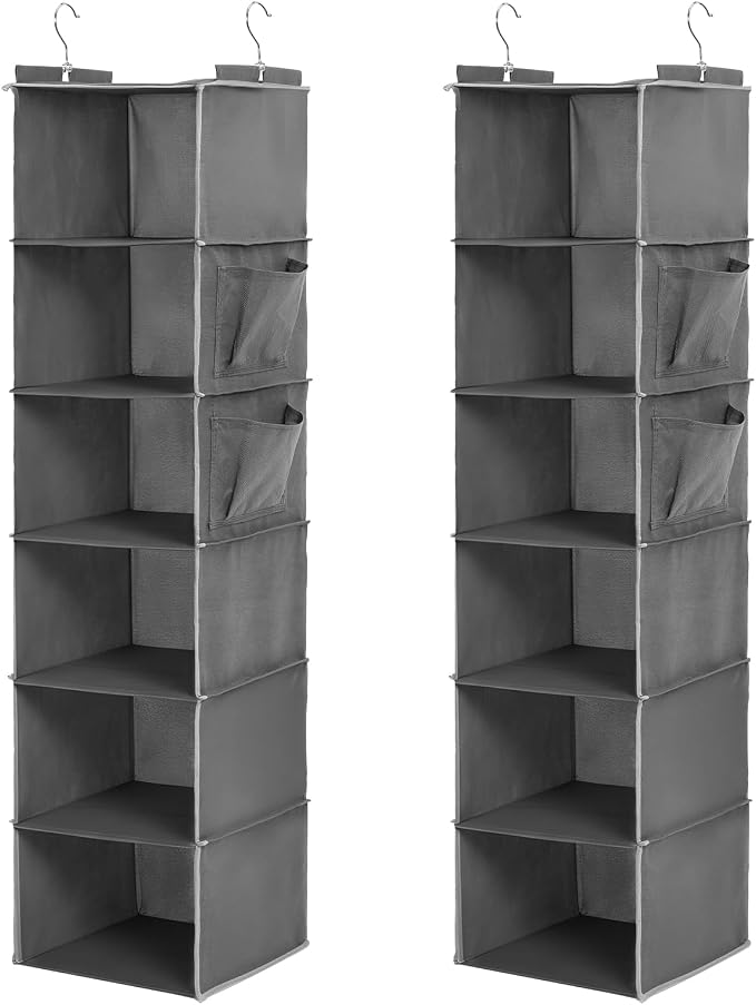 2 Pcs Hanging Closet Organizer, 6-Shelf Storage with 2 Side Pockets and Hooks, for Clothes Sweaters Shoes Accessories, Space-Saving for Dorm RV Small Closet, Grey