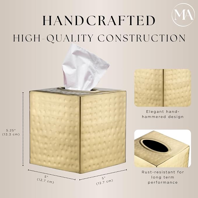Monarch Abode Tissue Box Cover Square – Hand Hammered Brushed Gold Metal Tissue Holder Box for Bathroom Accessory, Aesthetic Decorative Facial Napkin Cube for Modern Home Decor