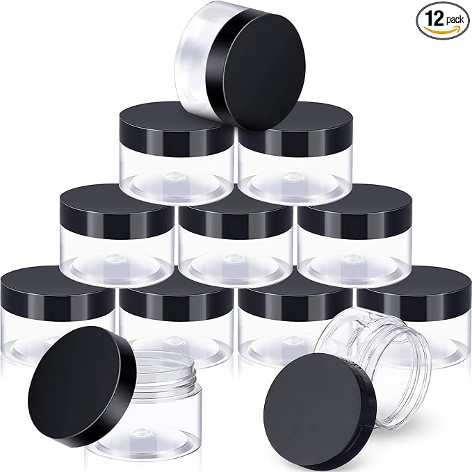 SATINIOR 12 Pack 1 oz Plastic Container Jars with Lids Round Clear Travel Cosmetic Container Jars for Toiletries, Lotion, Cream, Ointments, Makeup, Rhinestone, Samples, Kitchen Storage, black
