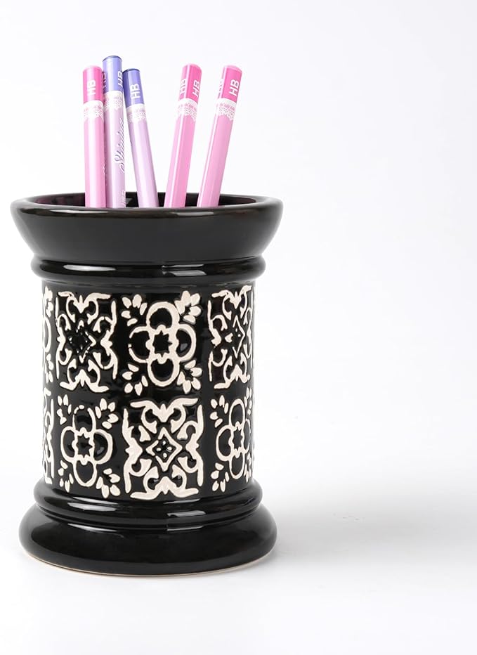 Printed Pencil Holder, Cute Pen Holder for Desk, Ceramic Carved Cylinder Pencil Holder, Office Decoration Container Islamic Style(Black)