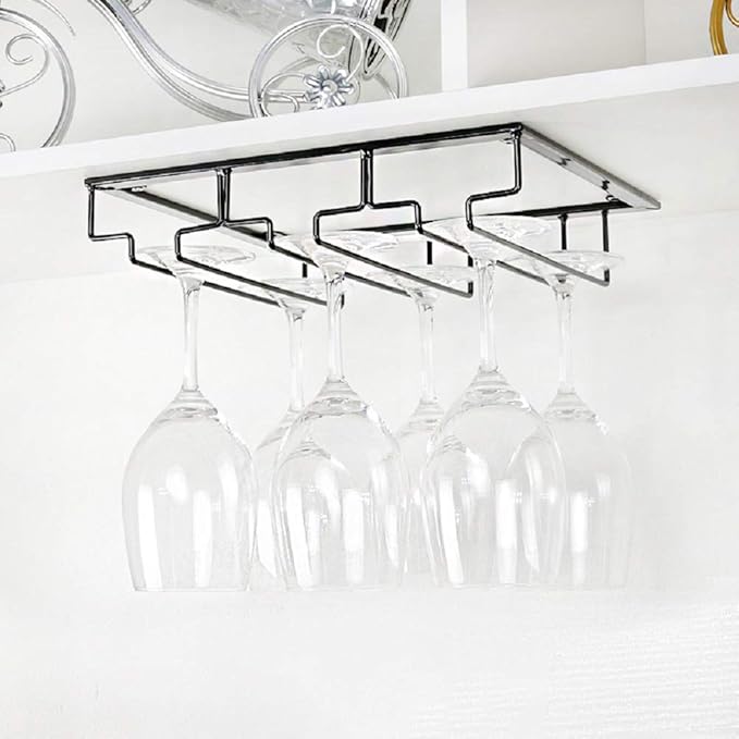 FOMANSH Wine Glass Rack - Under Cabinet Stemware Wine Glass Holder Glasses Storage Hanger 2 Pack Metal Organizer for Bar Kitchen Black