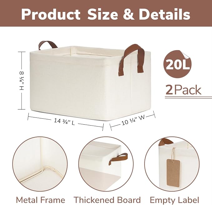CHICVITA Storage Bins for Shelves, Closet Bins for Organization, Collapsible Storage Baskets for Towels, Rectangle Basket for Bedroom, 14 ¾" L x 10 ¼" W x 8 ¼" H, Beige, 2-Pack