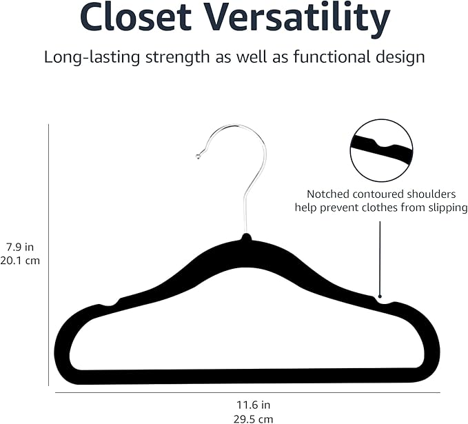 Amazon Basics Kids Space Saving Velvet Non-Slip Clothes Hangers with Shoulder Notches for Infant and Toddler, 11.6", Black, 50 Count (Pack of 4)