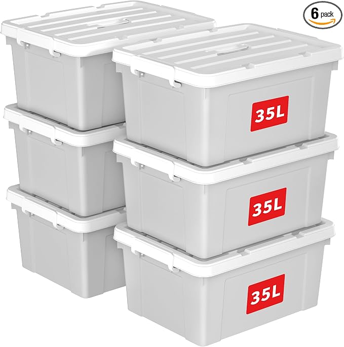 Cetomo Lidded Storage Bin with Handle, Tote Organizing Container with Durable Lid and Secure Latching Buckles, Stackable and Nestable, Plastic, 40 Quart-6 Pack, Gray