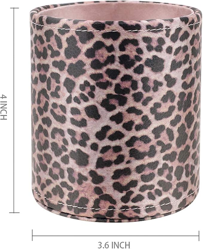 Pen Holder for Women Girls Desk Decor Pencil Cup for Decoration Durable Leather Desk Organizer Makeup Brush Holder, Classic Leopard