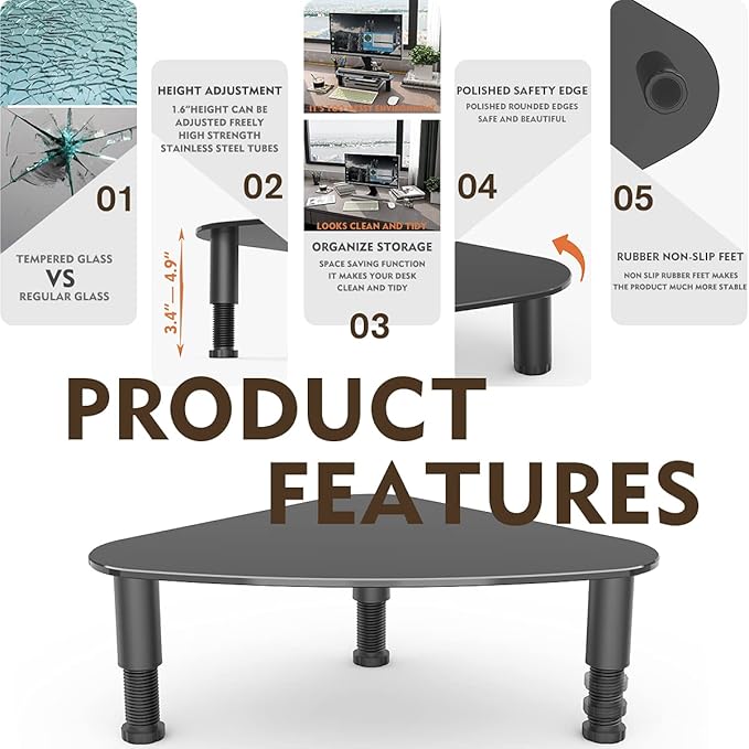 Hemudu Tempered Glass Computer Monitor Riser/Triangle Save Space Desktop Corner Stand for Computer Monitor & Laptop Black HD01B-003