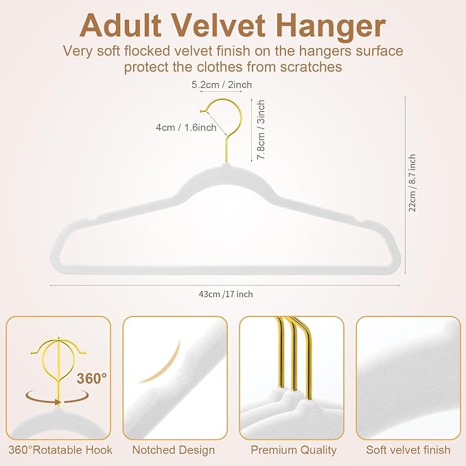 TIMMY 36-Pack Velvet Hangers with Gold Hooks - Space-Saving Non-Slip Heavy-Duty Clothes Hangers for Coats, Suits, Dresses, and Sweaters - Slim Design(White+Gold) (White+Gold, 17inch-36pack)