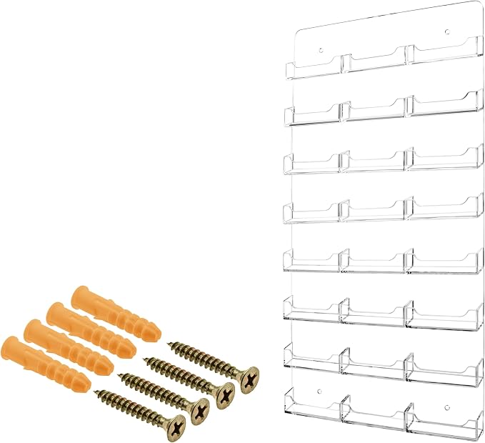 Marketing Holders Hanging Business Card Holder Clear on Clear Acrylic 24 Pockets for 3.5" x 2" Cards Space Saving Organizer with Hardware and Pre Drilled Holes for Real Estate Agents and Offices