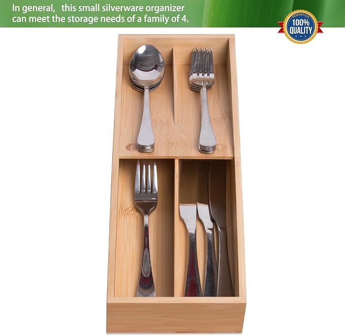 guiogc Bamboo Silverware Drawer Organizer, Kitchen Small Silverware Organizer, Utensil Tray Holder, Cutlery Tray for Spoons, Forks, Knives, Suitable for a family of 2-4