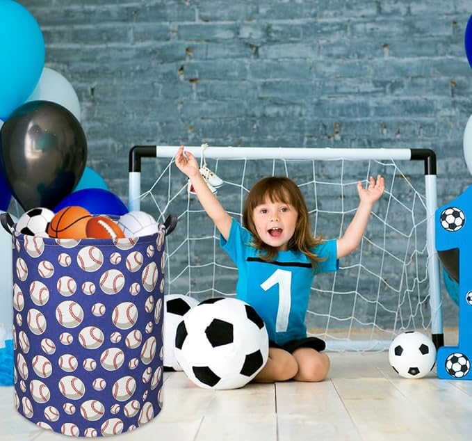 Baseball Kids Laundry Hamper, Large, Cotton & Linen, Waterproof PE Coating, Collapsible, Multi-purpose, Dinosaur Pattern