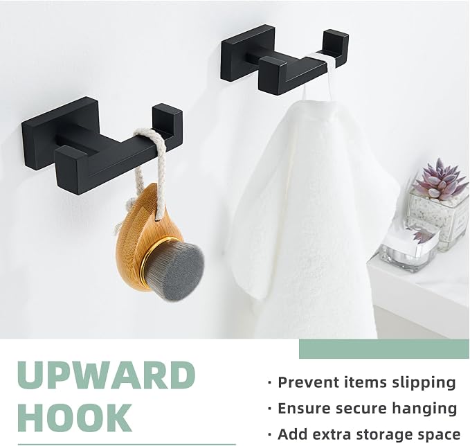 APLusee Double Bath Towel Hook 2 Pack, 304 Stainless Steel Square Dual Coat Holder, Modern Bathroom Kitchen Storage Hanger Wall Mounted, Matte Black