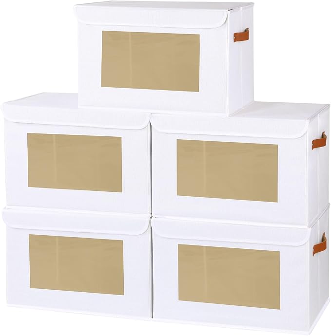Storage Box for Shelves,White Basket,15x9.8x9.8 In,5Pack | Sturdy Storage Baskets with Lids,Shelf Boxes with Handles and Window,Fabric Closet Containers,Decorative Drawer Bins for room