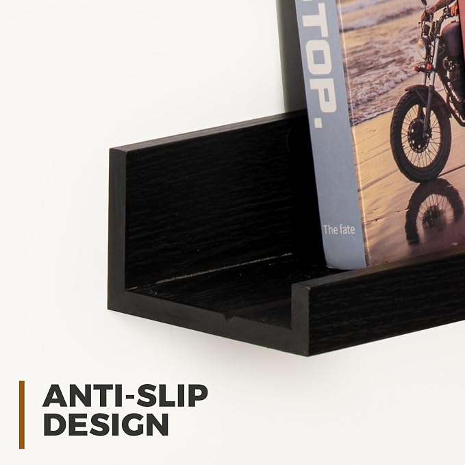 Muzilife 24" Small Floating Wall Ledge Shelves with Lip - Set of 2 Wood Floating Shelves - Black Wall Mounted Picture Ledge for Office, Bathroom, Bedroom, Living Room, Kitchen