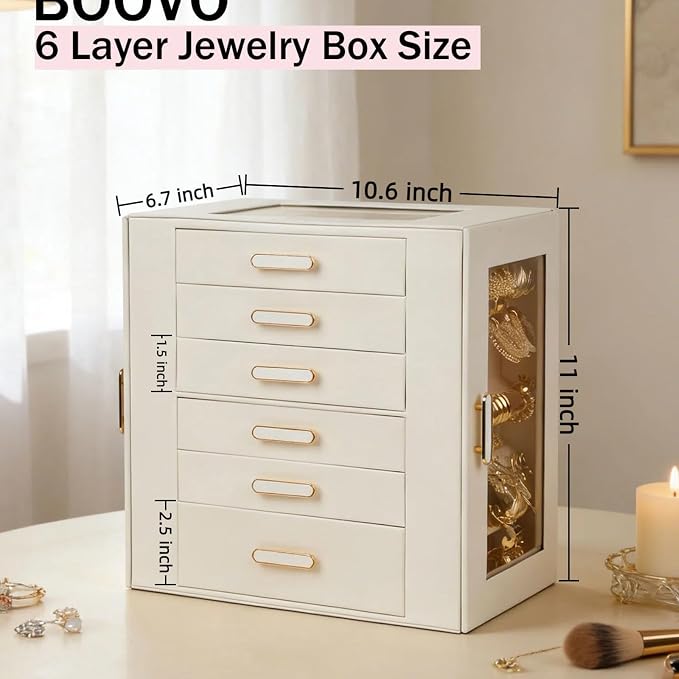 BOOVO Clear Lid Jewelry Box,6 Layers Jewelry Organizer Large Jewelry Storage Box with 6 Drawers,Jewelry Holder Organzier of Rings Earrings Necklace Bracelets for Women (White, 6 Layer)