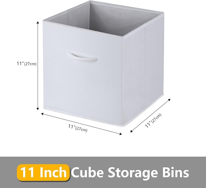 WUIKE 11-Inch White Cube Storage Bins, Leather Front, 4-Pack | Collapsible Cubby Organizer Baskets with Handles for Shelves, Closets, Bedrooms, and Rooms