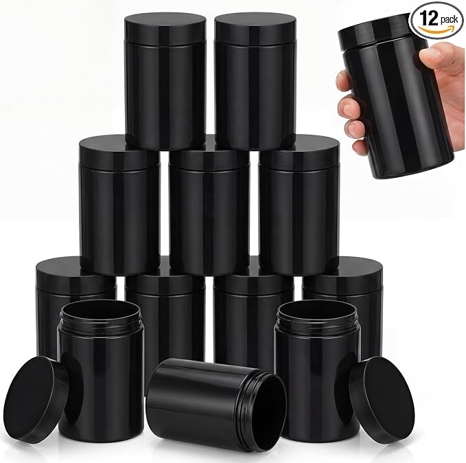 SATINIOR 12 Pack 12 oz Plastic Container Jars with Lids Round Clear Travel Cosmetic Container Slime Jar for Toiletries, Lotion, Cream, Ointment, Makeup, Rhinestone, Sample, Kitchen Storage(Pure Black)
