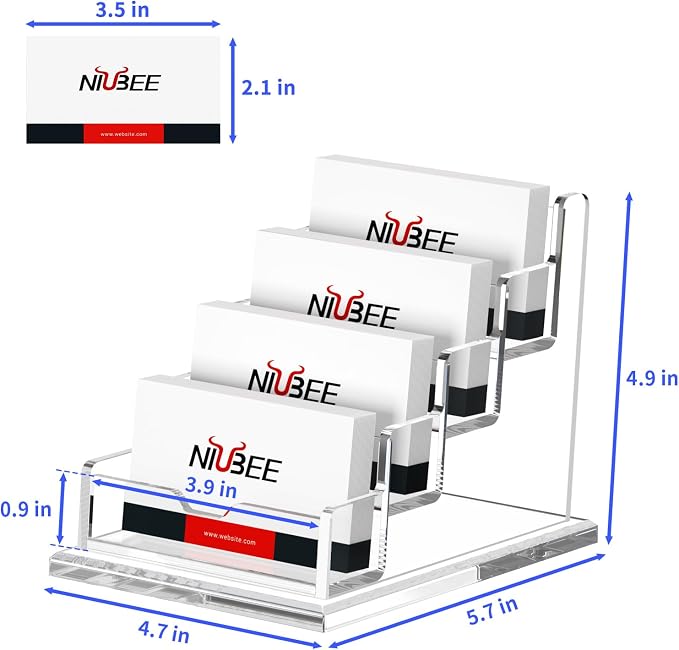 NIUBEE Clear Business Cards Holders 4 Tier Acrylic Card Holder for Business Cards, 4 Slots Business Card Display for Desk Counter, 300 Card Capacity, 1 Pack