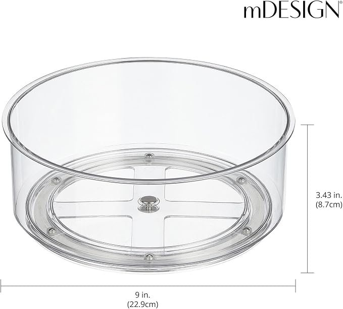 mDesign Lazy Susan Turntable Plastic Spinner for Kitchen/Bathroom, Pantry, Fridge, Cupboards, or Counter Organizing, Fully Rotating Organizer for Food, 9" Round - Lumiere Collection - Clear
