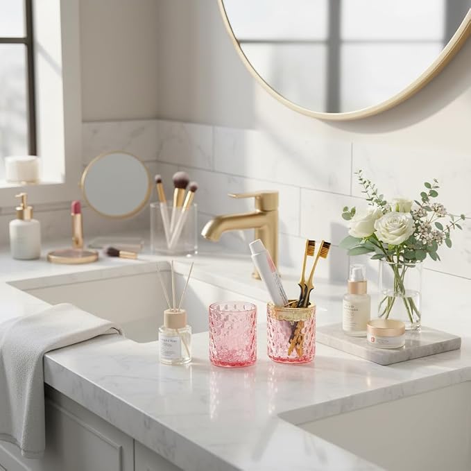 2pcs Pink Toothbrush Holders for Bathrooms, Glass Toothbrush Holder and Bathroom Tumbler Cup Set, Gold Bathroom Tooth Brush Cup Organizer for Brushes,Toothpaste and Razor