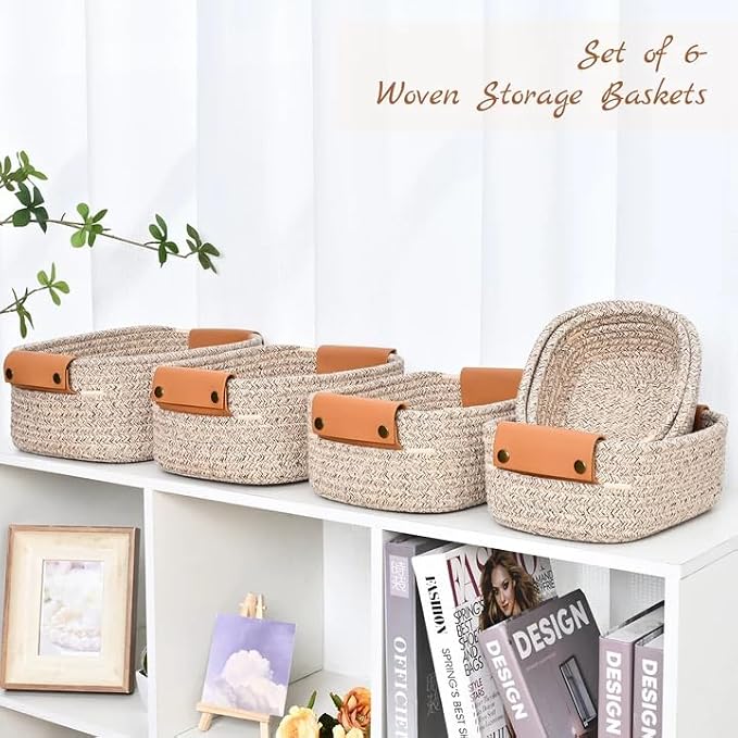 Storage Baskets for Organizing, Small Woven Basket Set of 6-4 Shelf Basket with Leather Handle and 2 Small Gift Baskets, Cotton Rope Basket for Shelves, Nursery, Dog Toy, Bathroom