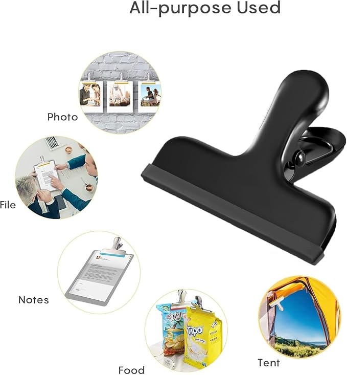 Chip Bag Clips, 9 Pack Heavy Duty Black Stainless Steel Food Sealer Clips with Silicone Cover, Strong Grip for Snacks, Food Storage, Kitchen & Pantry Organization (3 Large +6 Small)
