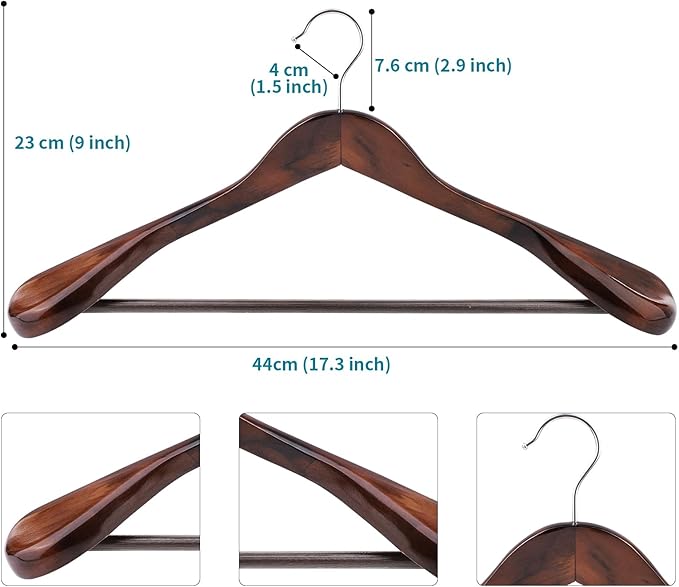 ABHENG Solid Wood Suit Hangers, 6 Pack, Coat Hangers with Non Slip Trouser Bar, 360° Swivel Hook, Heavy Duty Wide Hangers for Suit, Coat, Jacket, Trousers, Pants,17.3" W x 9" H, Dark Walnut AWY0406H