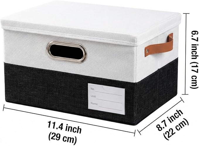 PRANDOM Storage Bins with Lids [3-Pack] Linen Fabric Foldable Storage Boxes Organizer Containers Baskets Cube with Cover for Bedroom Closet Office Black & White（11.4X8.6X6.7