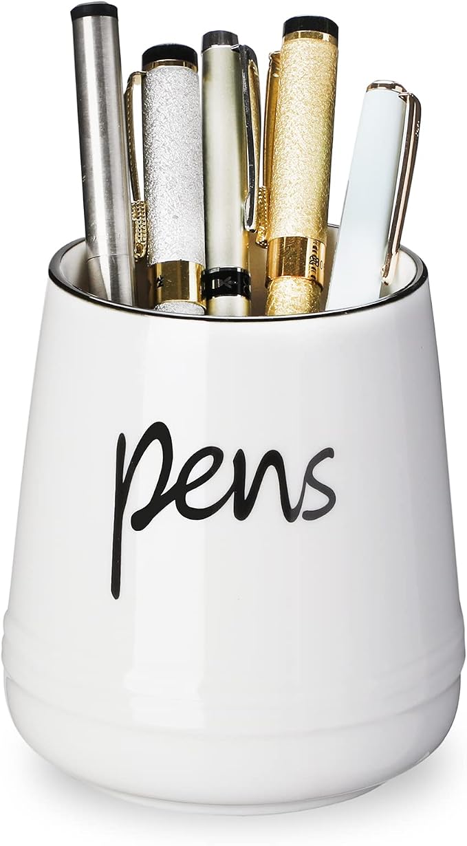 LEETOYI Ceramic Farmhouse Pen Holder for Desk, Pencil Organizer 16oz (White)