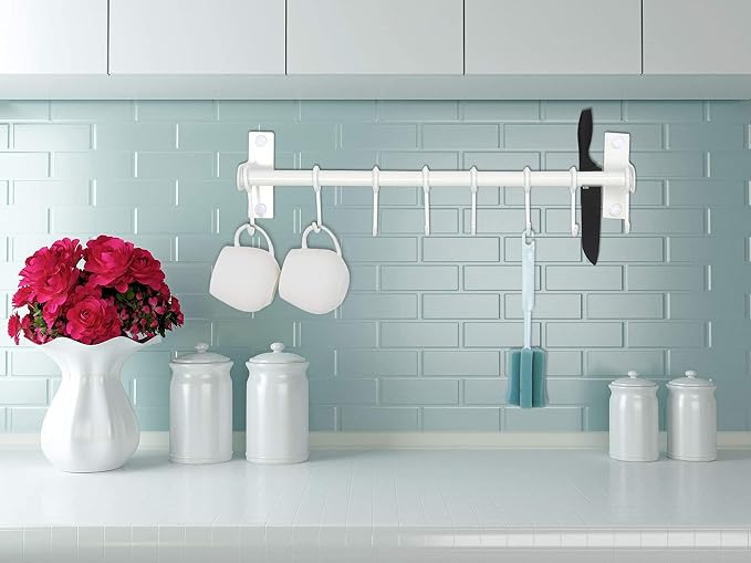 Dseap Pot Rack - Pots and Pans Hanging Rack Rail with 8 Hooks, Double Bars, Pot Hangers for Kitchen, Wall Mounted, White