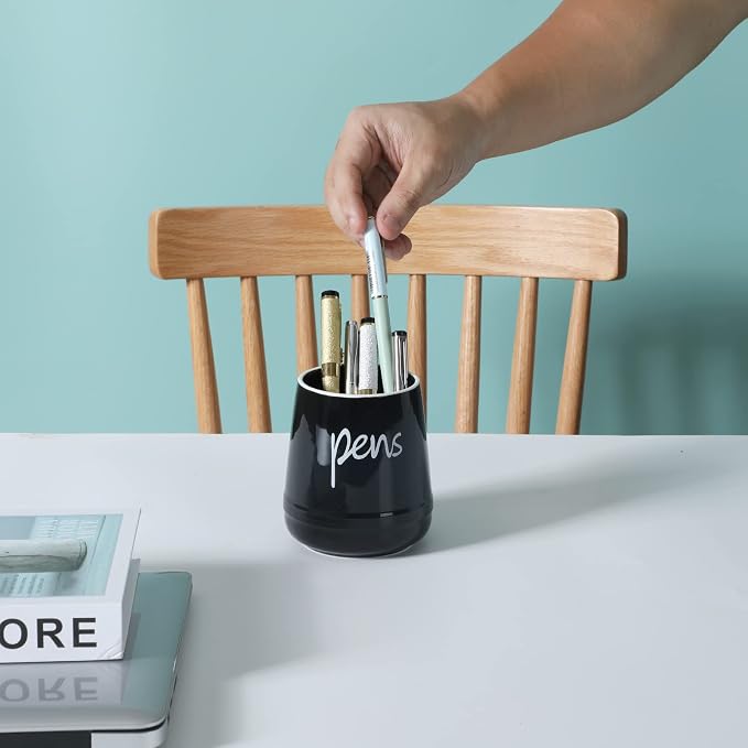 LEETOYI Ceramic Farmhouse Pen Holder for Desk, Pencil Organizer 16oz (Black)