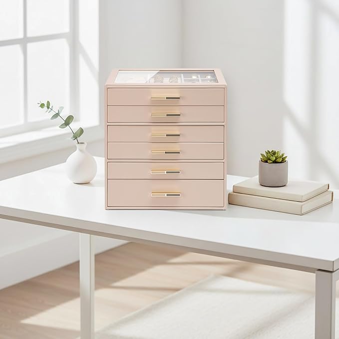 VLANDO 5-Drawer Jewelry Box with Glass Lid, Faux Leather Organizer for Rings Earrings Necklaces and More, Gift-Ready Jewelry Case for Women Girls or Moms, White