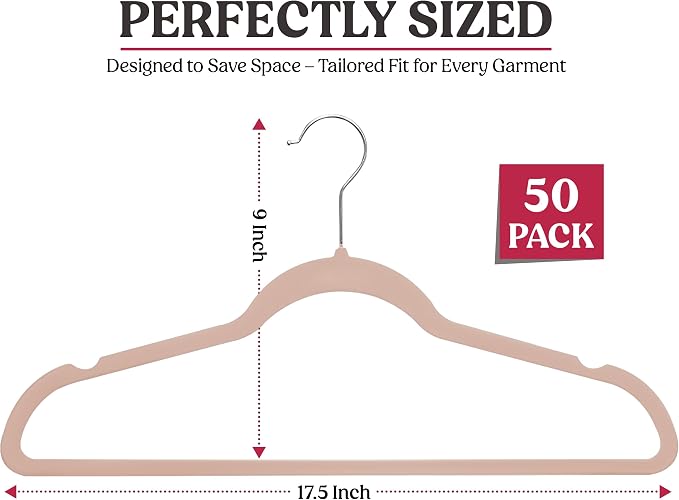 LDC Pink Velvet Hangers 50 Pack - Premium Non-Slip Clothes Coat Pants Felt Hanger for Closet - Heavy Duty Space Saving 360° Swivel Hook Hangars - Pink