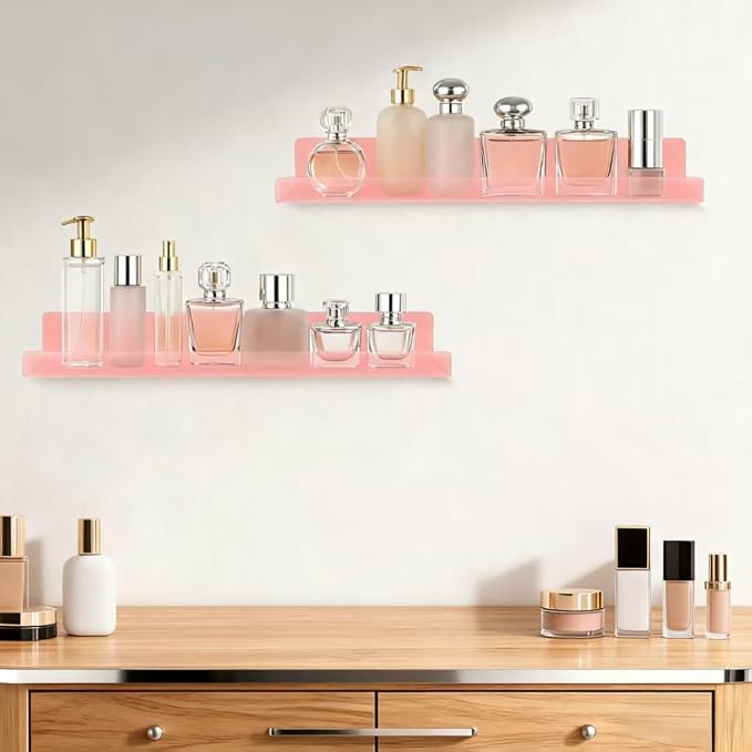 Dezzer 6 Pack Acrylic Shelves for Wall, 15" Acrylic Floating Shelves for Bathroom Bedroom, Invisible Bookshelf Wall Ledge Storage Shelf Books Perfume Toys Action Figure Display Shelves, Pink