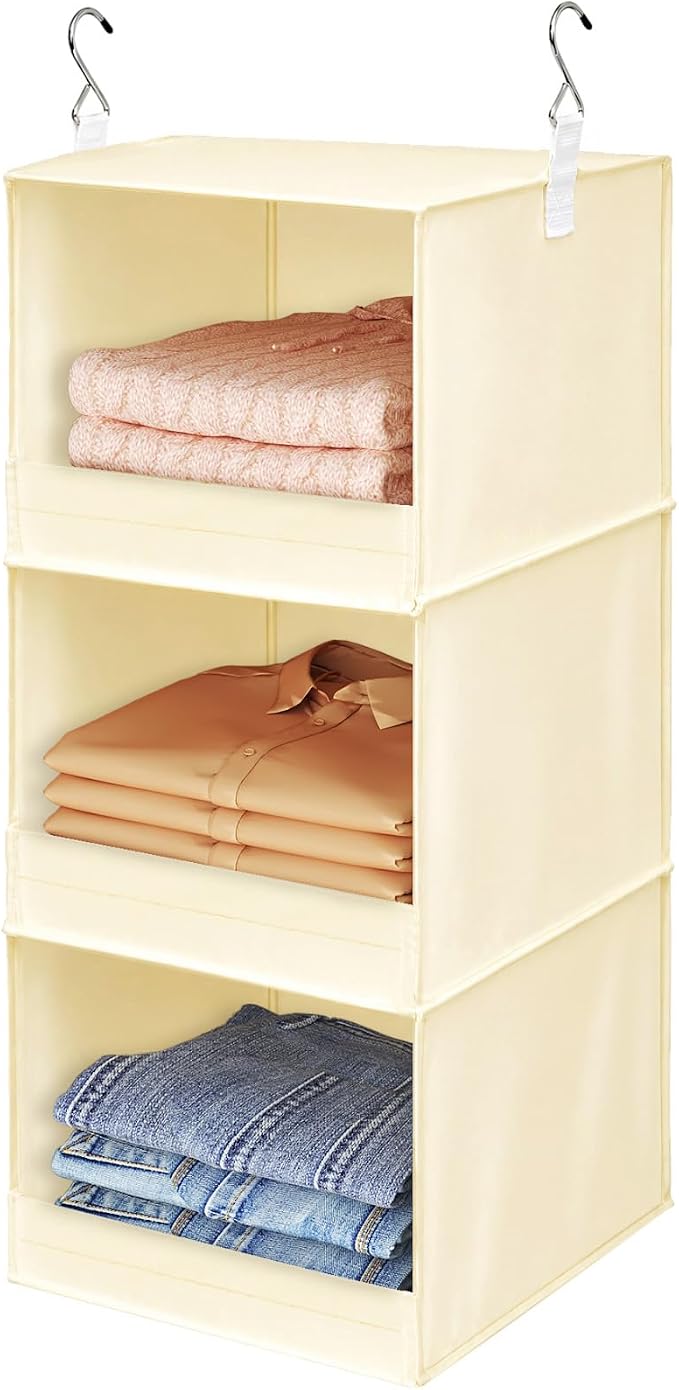 Lifewit 3 Tier Hanging Closet Organizer and Storage, Foldable Hanging Closet Shelves with 2 Sturdy Hooks, Clothes Organization for Sweater/Shoes/Coat, for Wardrobe, Bedroom, RV, Beige, 1 Pack