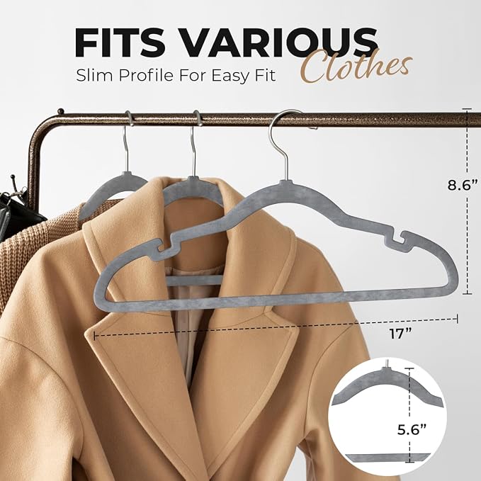 Our Modern Space 200 Pack Velvet Hanger for Shirt Pants Dresses Skirts Suits Jackets - Slim Space Saving Design - Standard Coat Hanger - Sturdy & Durable Design with Shoulder Grooves Hook